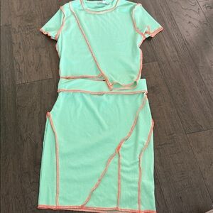 Fashion Nova mint green/neon orange skirt and shirt set size small